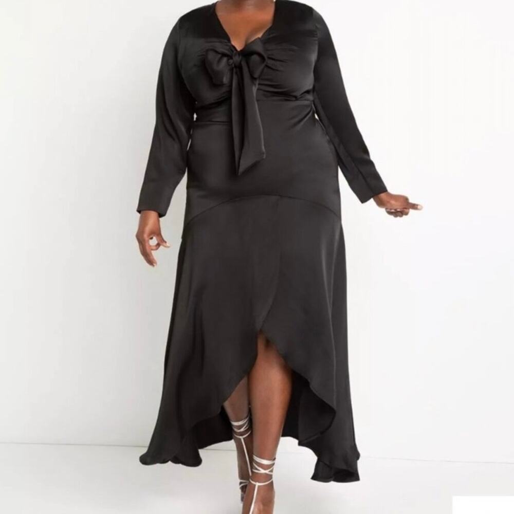 Plus Size Black Tie Gown Size 18 ELOQUII Black Satin Dress Formal Bow Tie Front